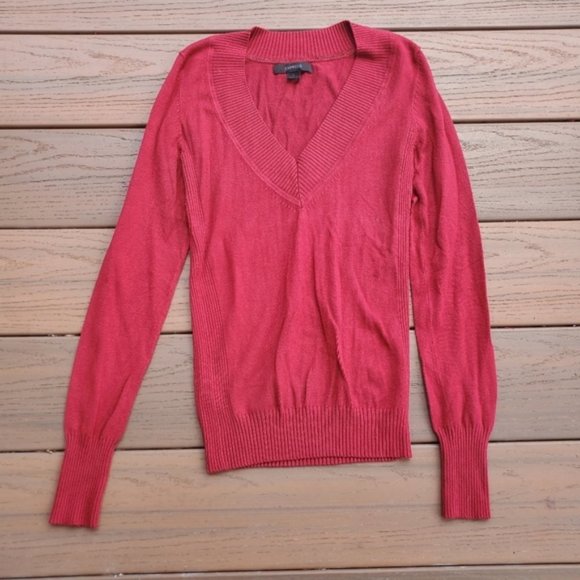 Express Scarlet Red Sweater V Neck Balloon Sleeve Stretch Preppy Casual Work S - Picture 1 of 5
